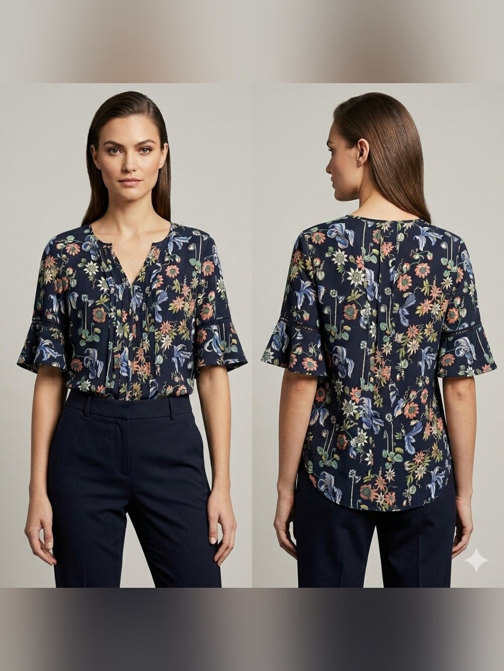 Ann Taylor Navy Floral Split V-Neck Ruffle Sleeve Blouse Size M